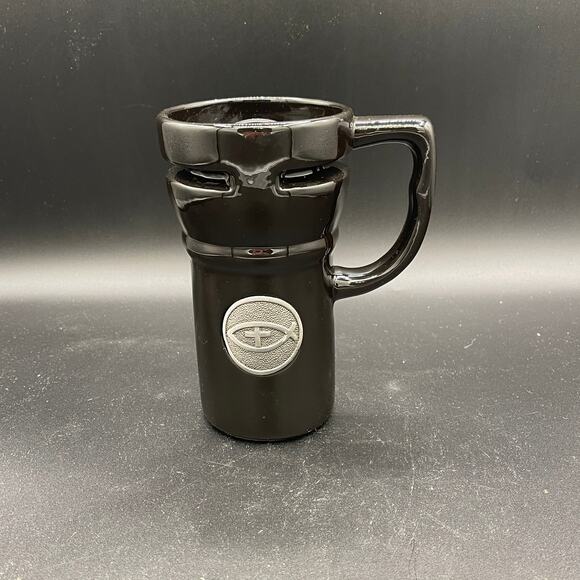 Black Ceramic Coffee Mug with Lid and Rubber Base - Fish and Cross Symbol - Picture 1 of 9